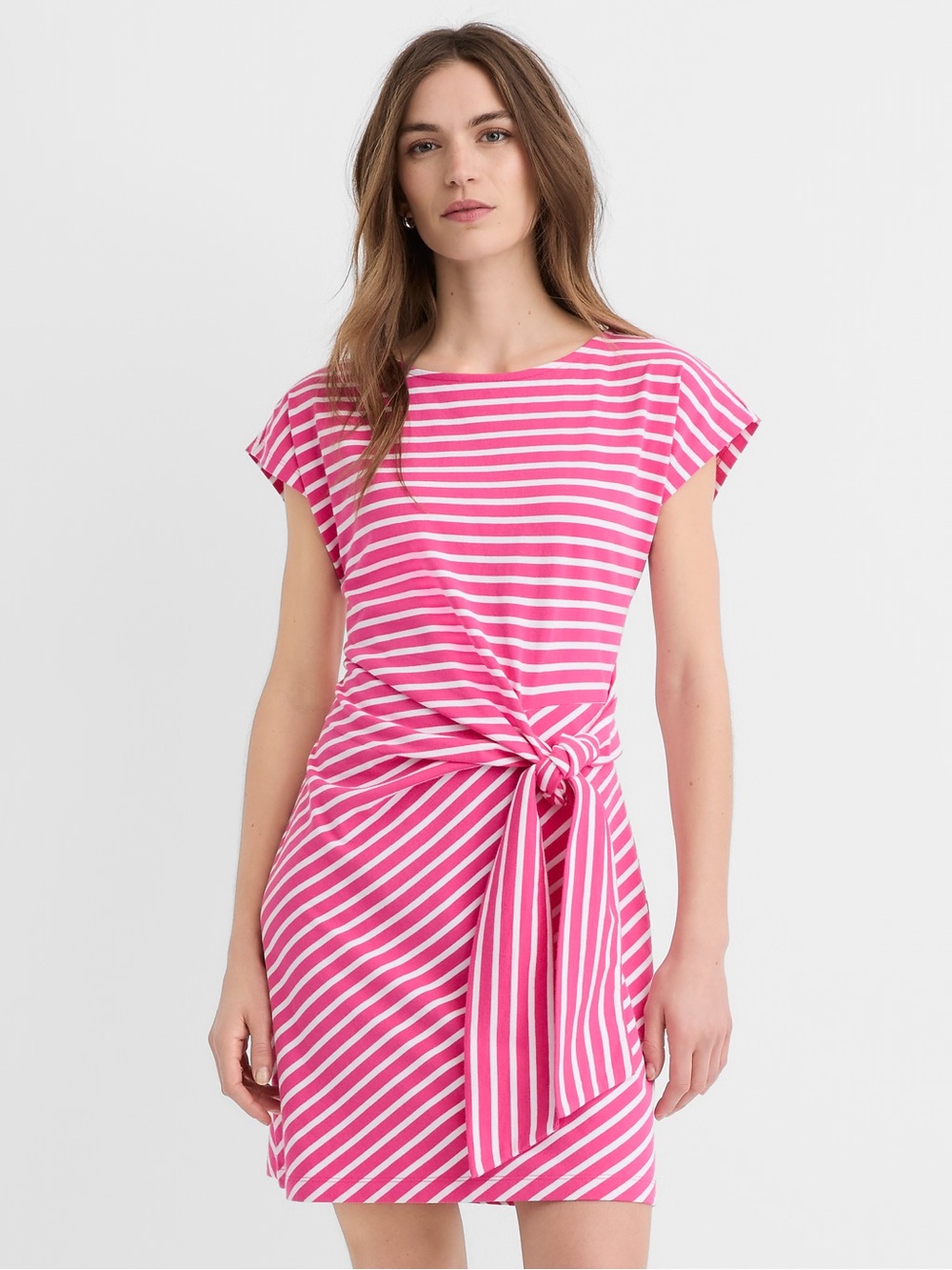 LOFT Pink & White Striped side tie wedge tee mini Dress - MEDIUM - NWT